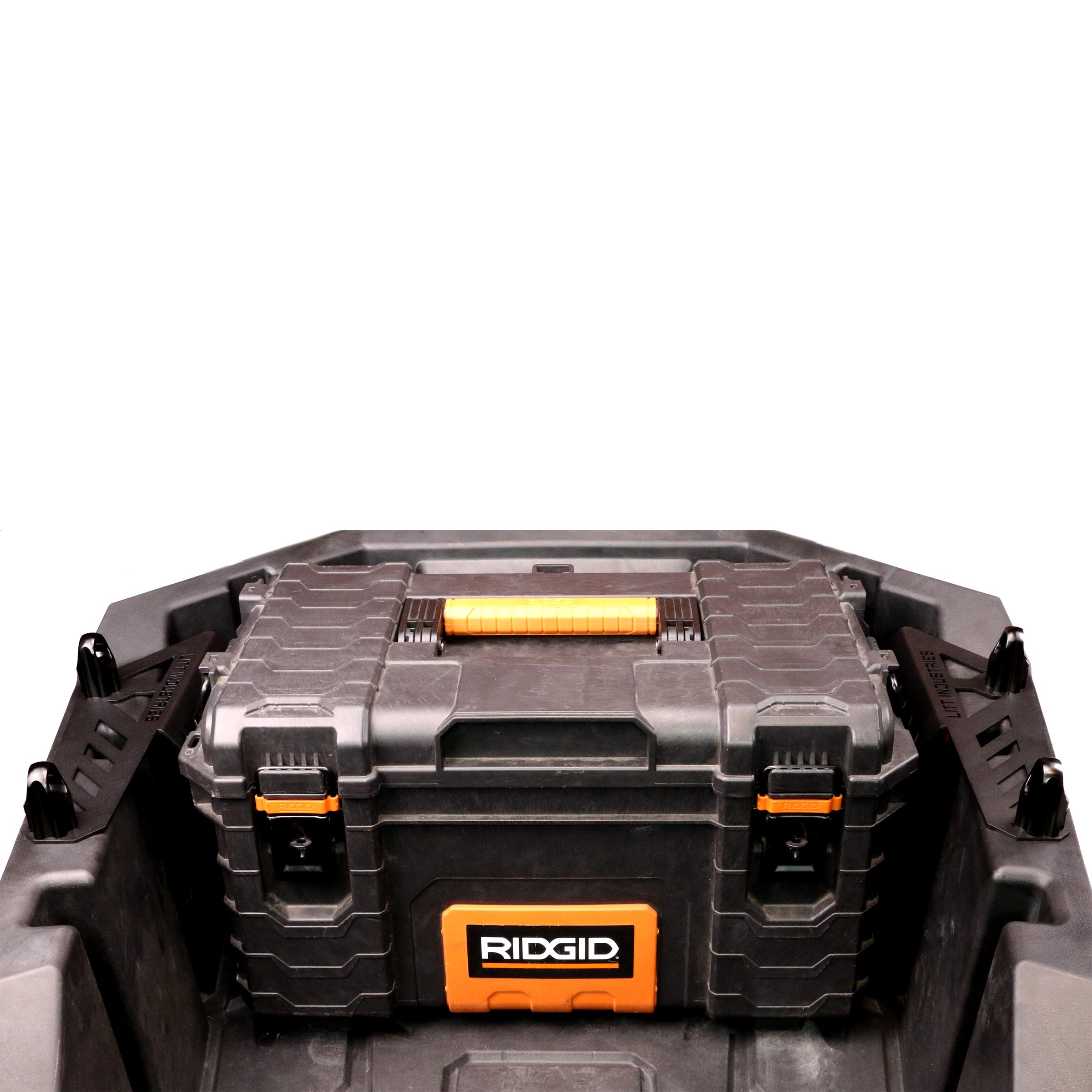 Ridgid Gen 1 Toolbox mounted in RZR PRO XP bed with PRO XP gen 1 mounts by Litt Industries
