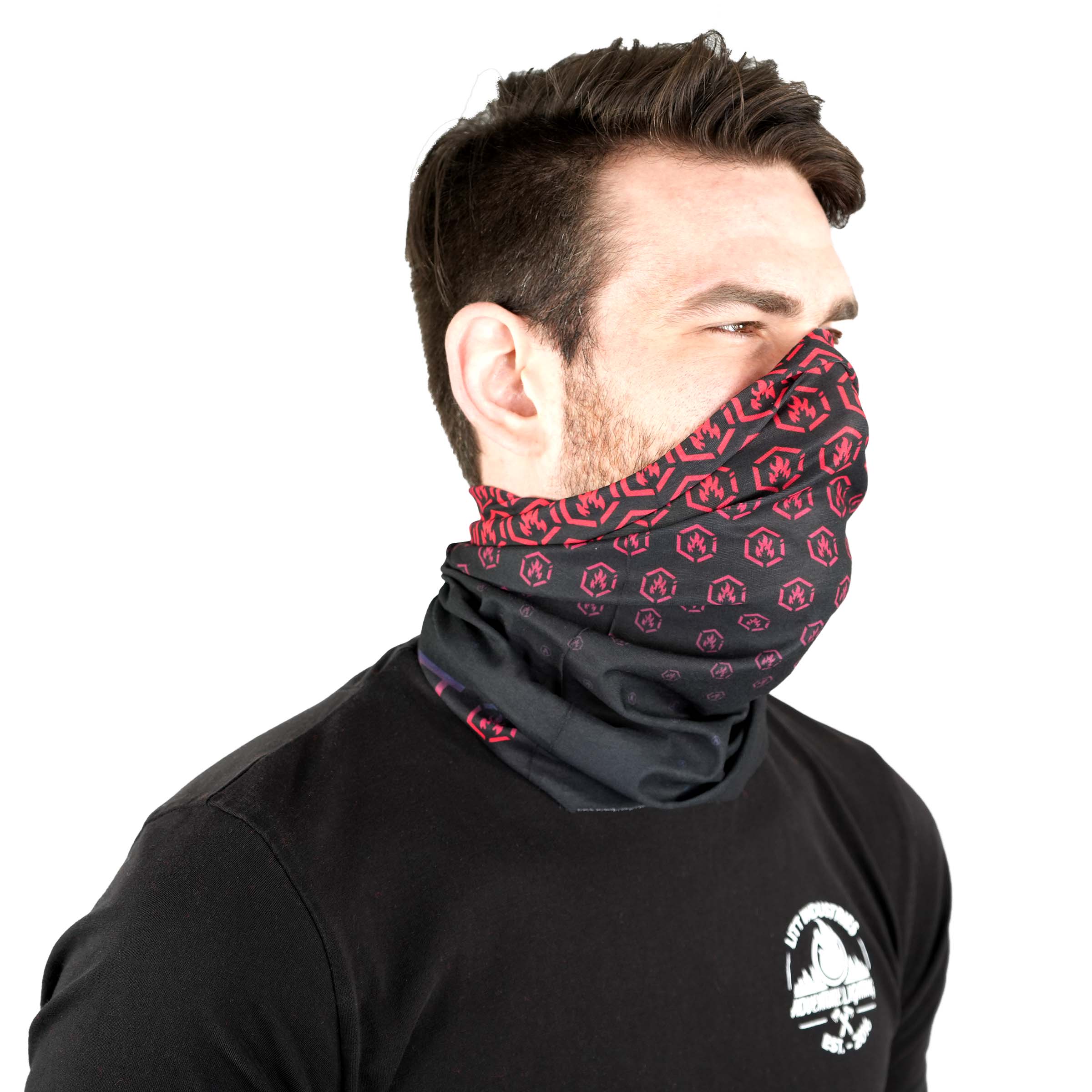 Litt Industries red hex neck gaiter for off roading keeps dust out of your nose and mouth