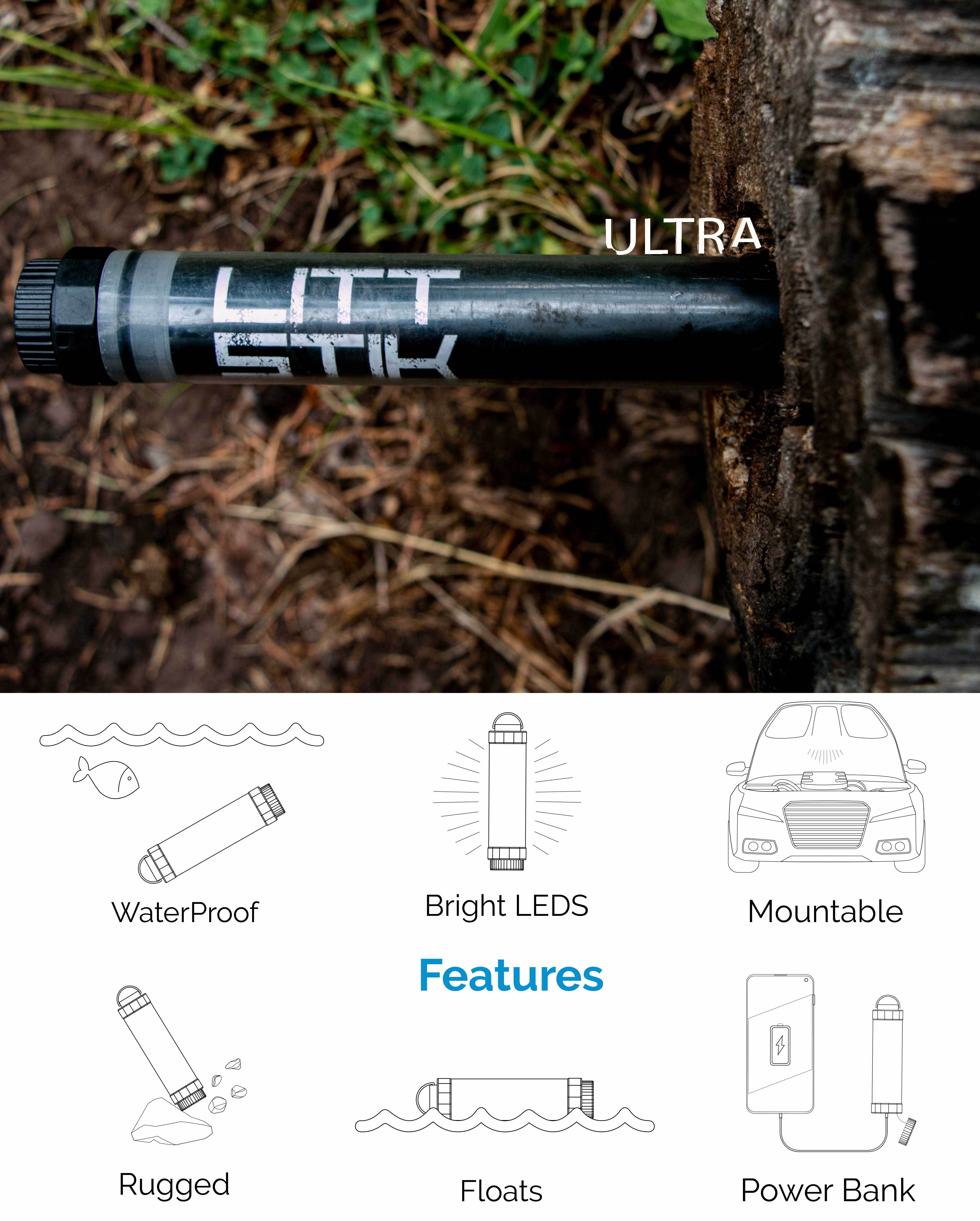 led multi use flashlight waterproof power bank rechargeable 400+ lumen output mountable with glow in the dark button flashlight by litt industries